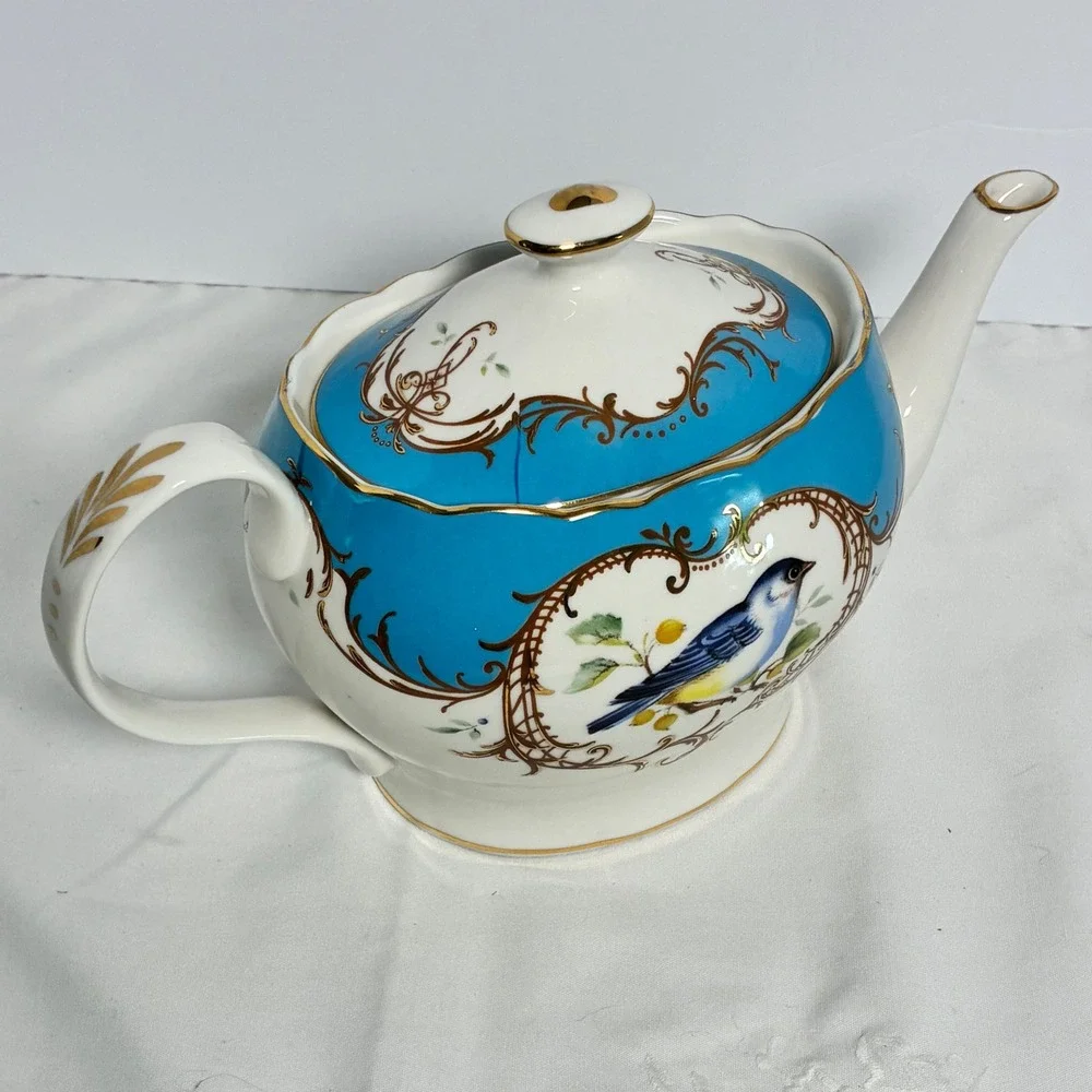 Grace Teaware Teapot Turquoise Gold Bird Filigree Scalloped Grandmillennial